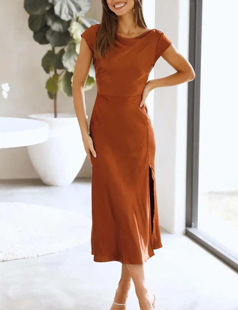 Women's Summer Satin Elegance Backless Twist Cap Sleeves Midi Dress 2025 Sexy Cowl Neck Slit Cocktail Wedding Guest Dresses