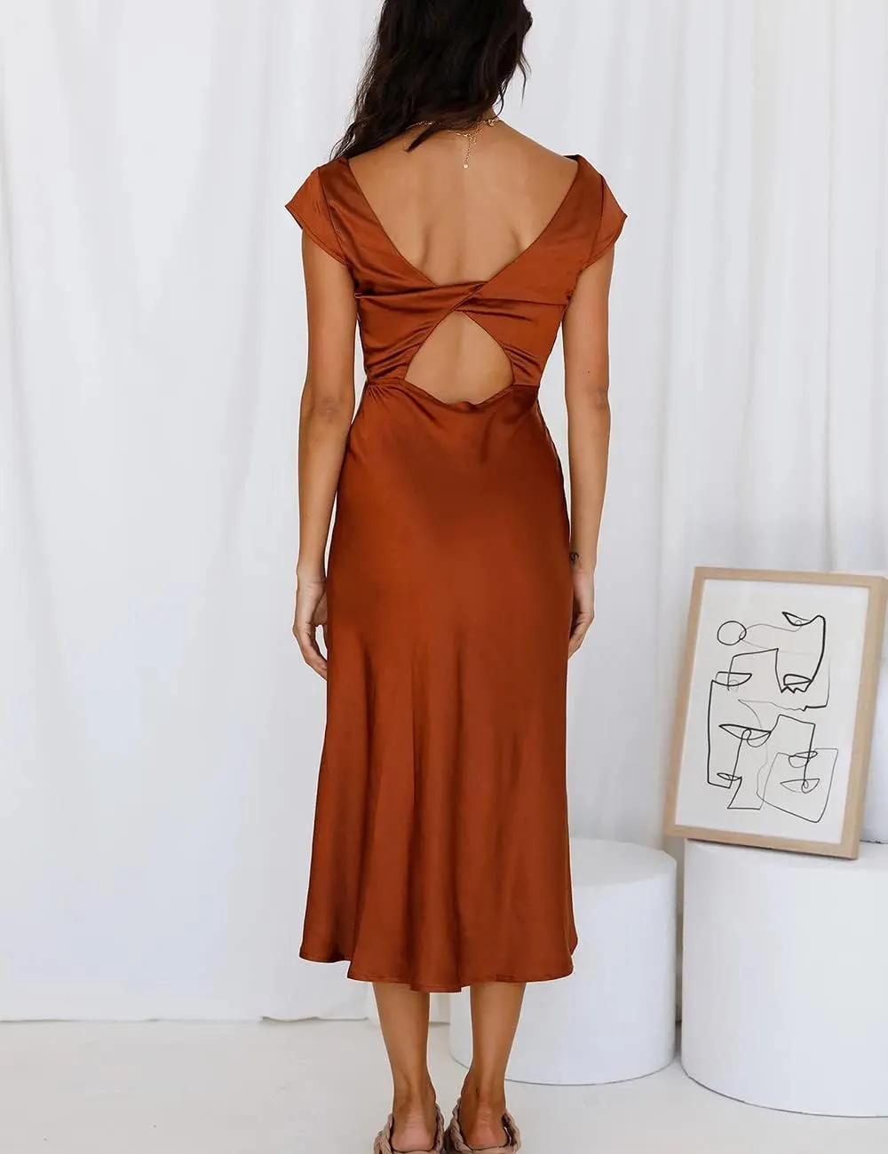 Women's Summer Satin Elegance Backless Twist Cap Sleeves Midi Dress 2025 Sexy Cowl Neck Slit Cocktail Wedding Guest Dresses