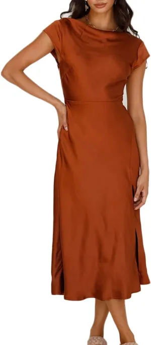 Women's Summer Satin Elegance Backless Twist Cap Sleeves Midi Dress 2025 Sexy Cowl Neck Slit Cocktail Wedding Guest Dresses