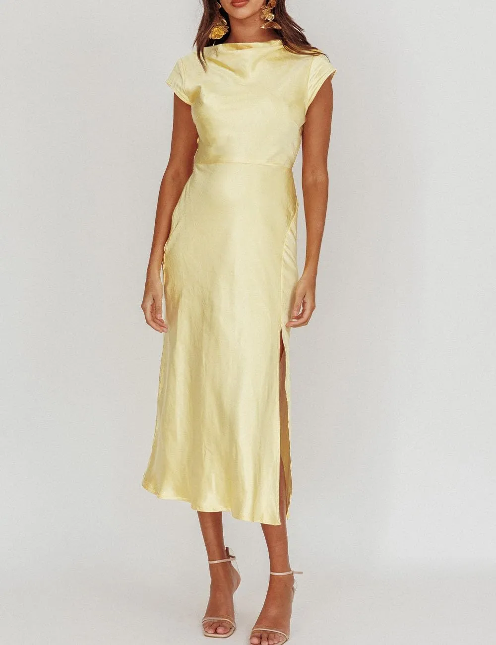 Women's Summer Satin Elegance Backless Twist Cap Sleeves Midi Dress 2025 Sexy Cowl Neck Slit Cocktail Wedding Guest Dresses