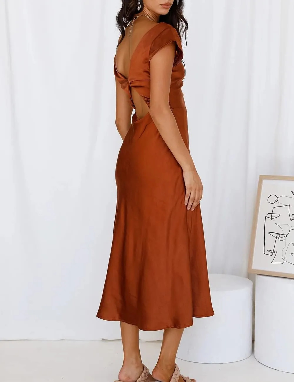 Women's Summer Satin Elegance Backless Twist Cap Sleeves Midi Dress 2025 Sexy Cowl Neck Slit Cocktail Wedding Guest Dresses