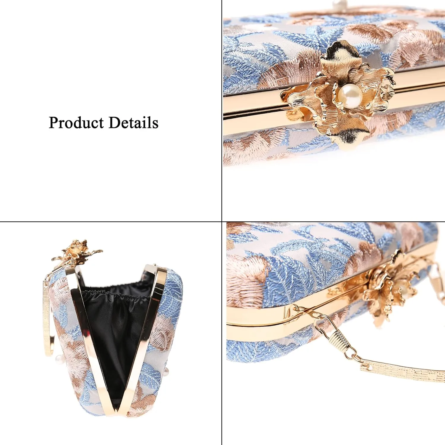 Womens Vintage Floral Embroidery Clutch Evening Handbag Shoulder Bags Purse for Wedding Party Prom