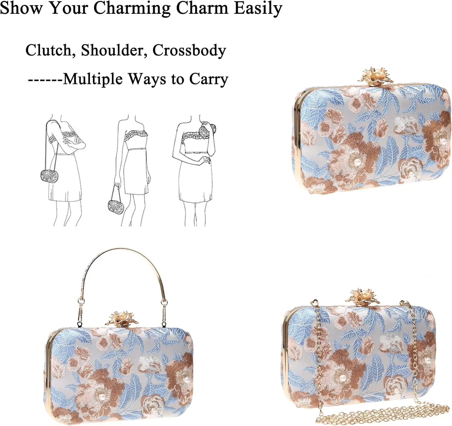 Womens Vintage Floral Embroidery Clutch Evening Handbag Shoulder Bags Purse for Wedding Party Prom