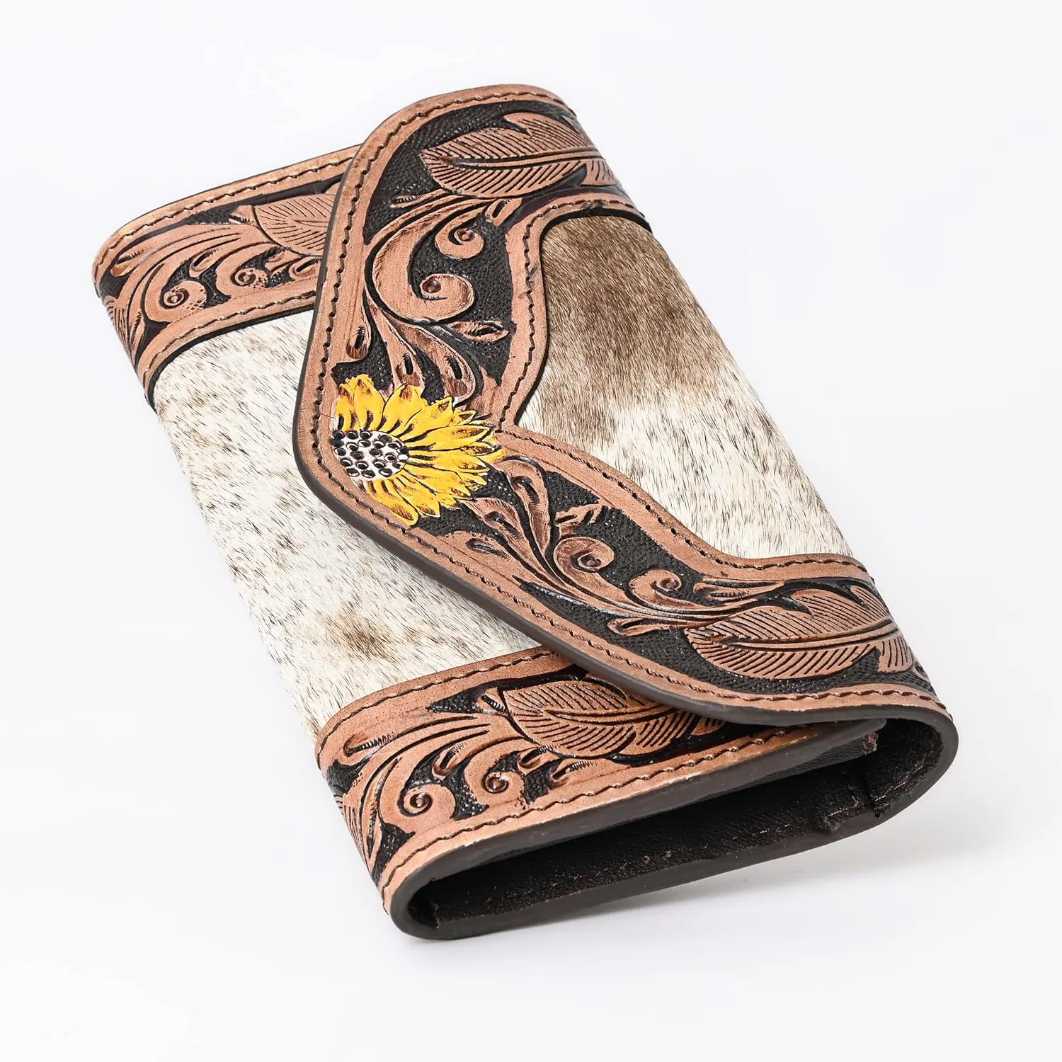 Women's Western Leather Rustic Rose Boohoo Buckaroo Trifold Handmade Hand Wallet - Stylish and Functional Cowhide Clutch