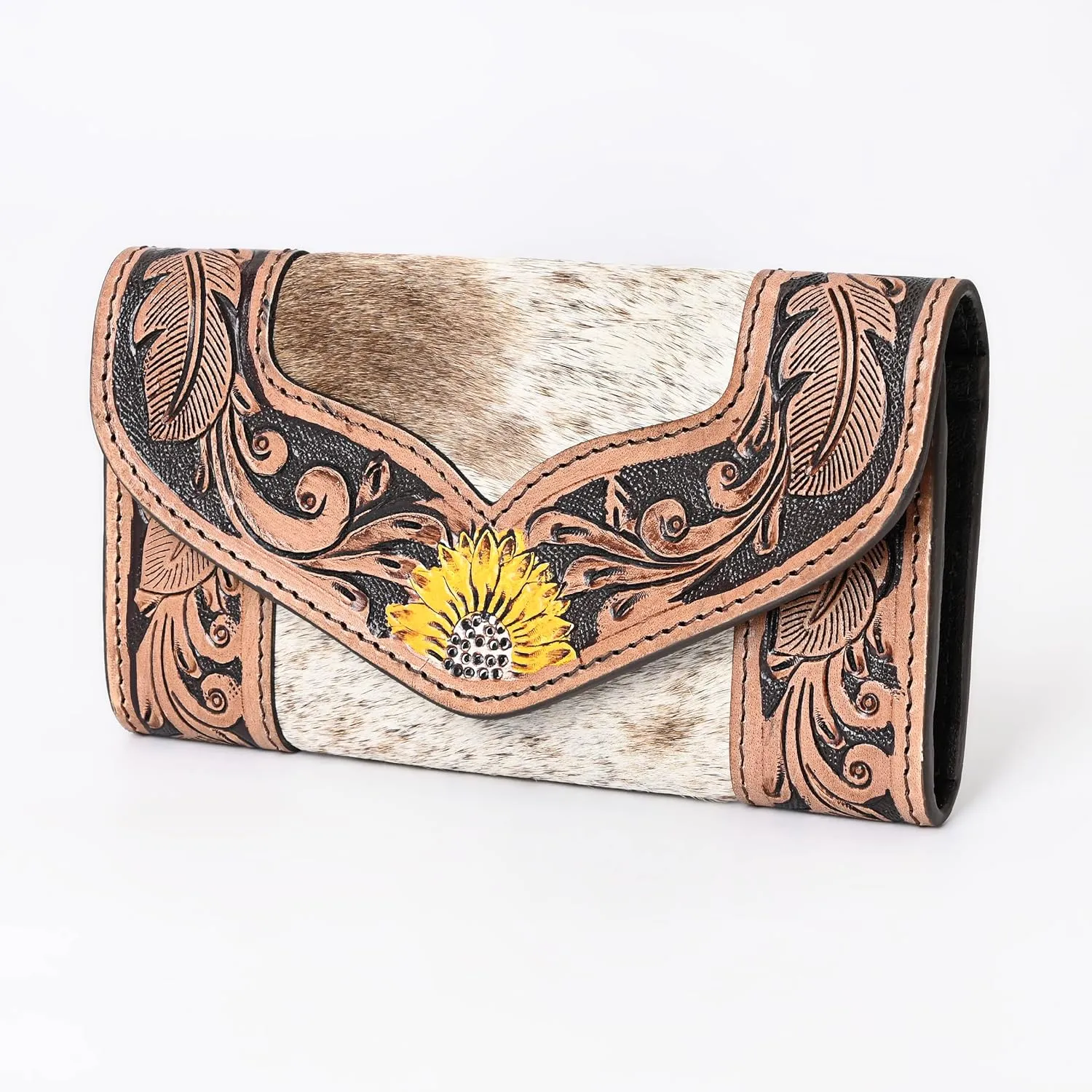 Women's Western Leather Rustic Rose Boohoo Buckaroo Trifold Handmade Hand Wallet - Stylish and Functional Cowhide Clutch