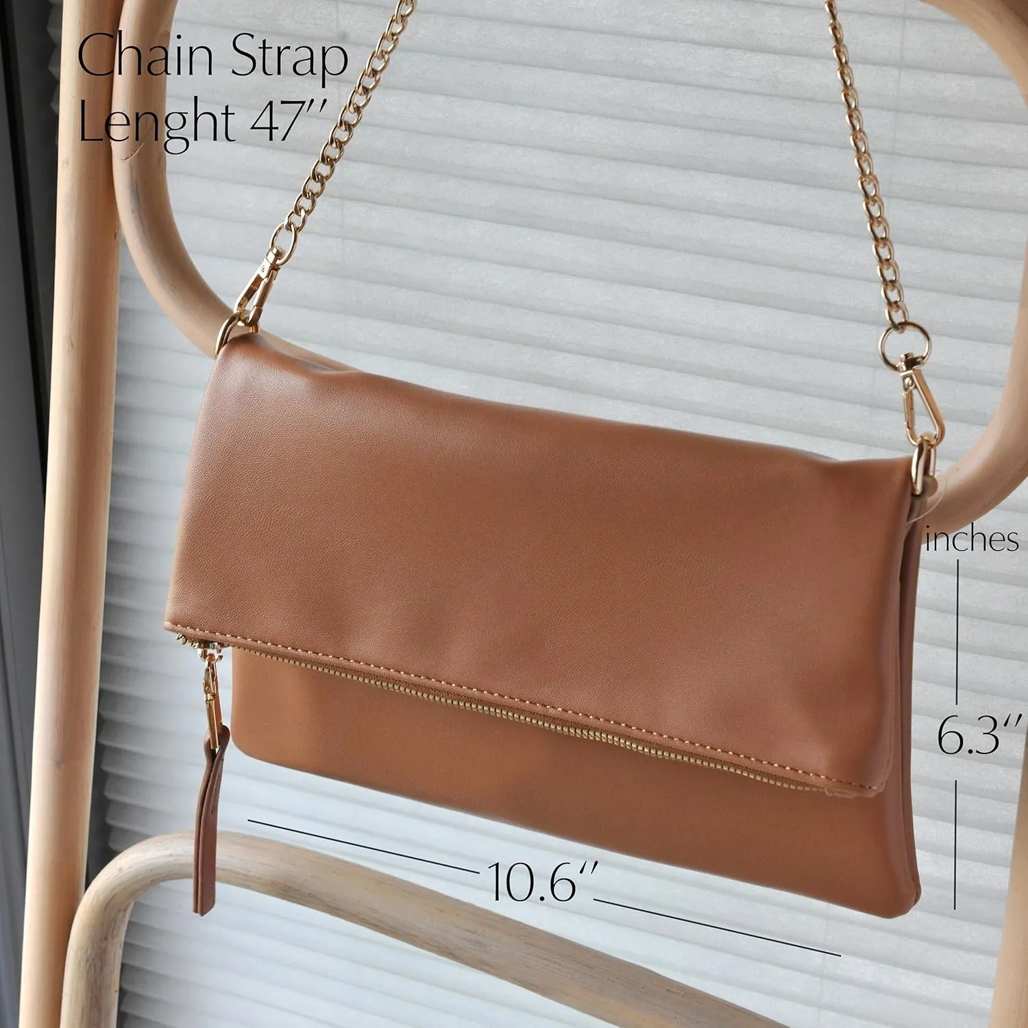 Women's Zipper Foldover Clutch Vegan Leather Envelope Cross body Bag with Chain Strap