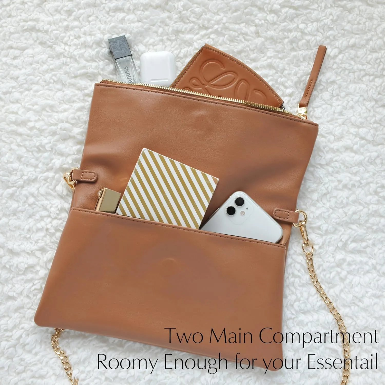 Women's Zipper Foldover Clutch Vegan Leather Envelope Cross body Bag with Chain Strap