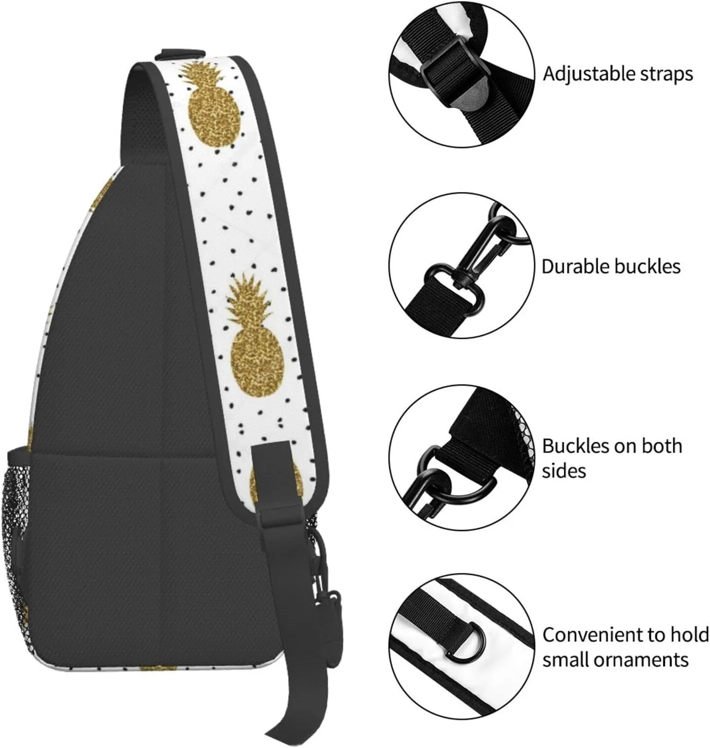 WURTON Gold Glitter Pineapples Fruit Print Crossbody Backpack Shoulder Bag Cross Chest Bag For Travel, Hiking Gym Tactical Use