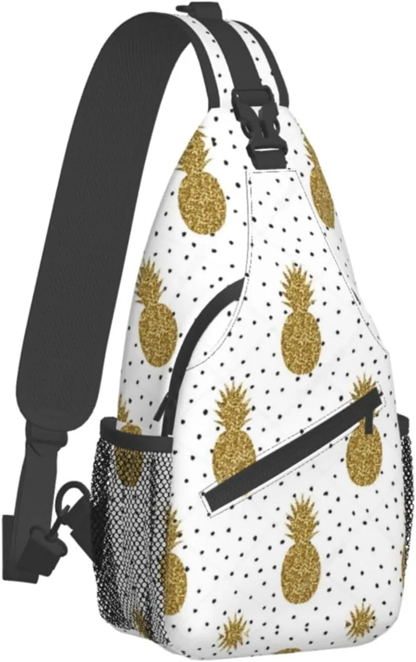 WURTON Gold Glitter Pineapples Fruit Print Crossbody Backpack Shoulder Bag Cross Chest Bag For Travel, Hiking Gym Tactical Use
