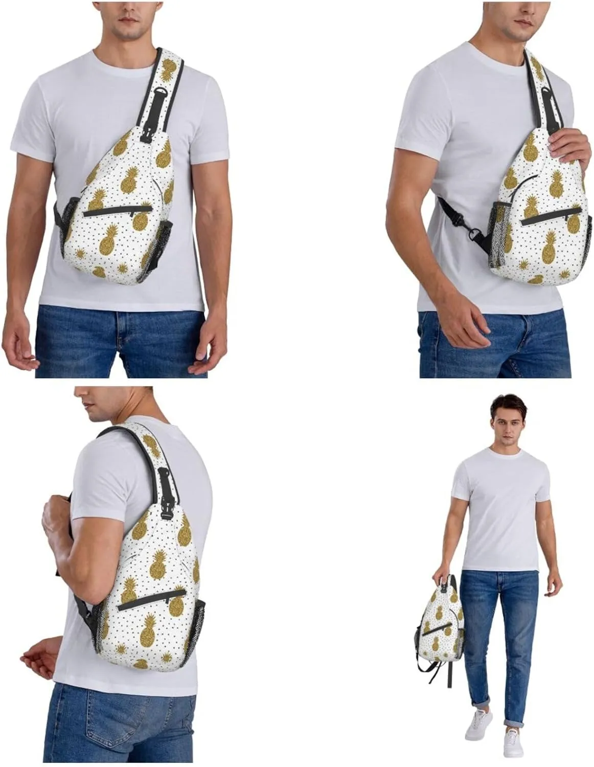 WURTON Gold Glitter Pineapples Fruit Print Crossbody Backpack Shoulder Bag Cross Chest Bag For Travel, Hiking Gym Tactical Use