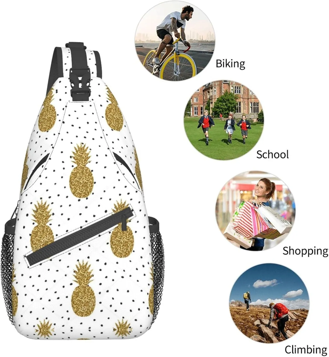 WURTON Gold Glitter Pineapples Fruit Print Crossbody Backpack Shoulder Bag Cross Chest Bag For Travel, Hiking Gym Tactical Use