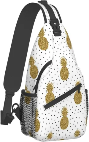 WURTON Gold Glitter Pineapples Fruit Print Crossbody Backpack Shoulder Bag Cross Chest Bag For Travel, Hiking Gym Tactical Use