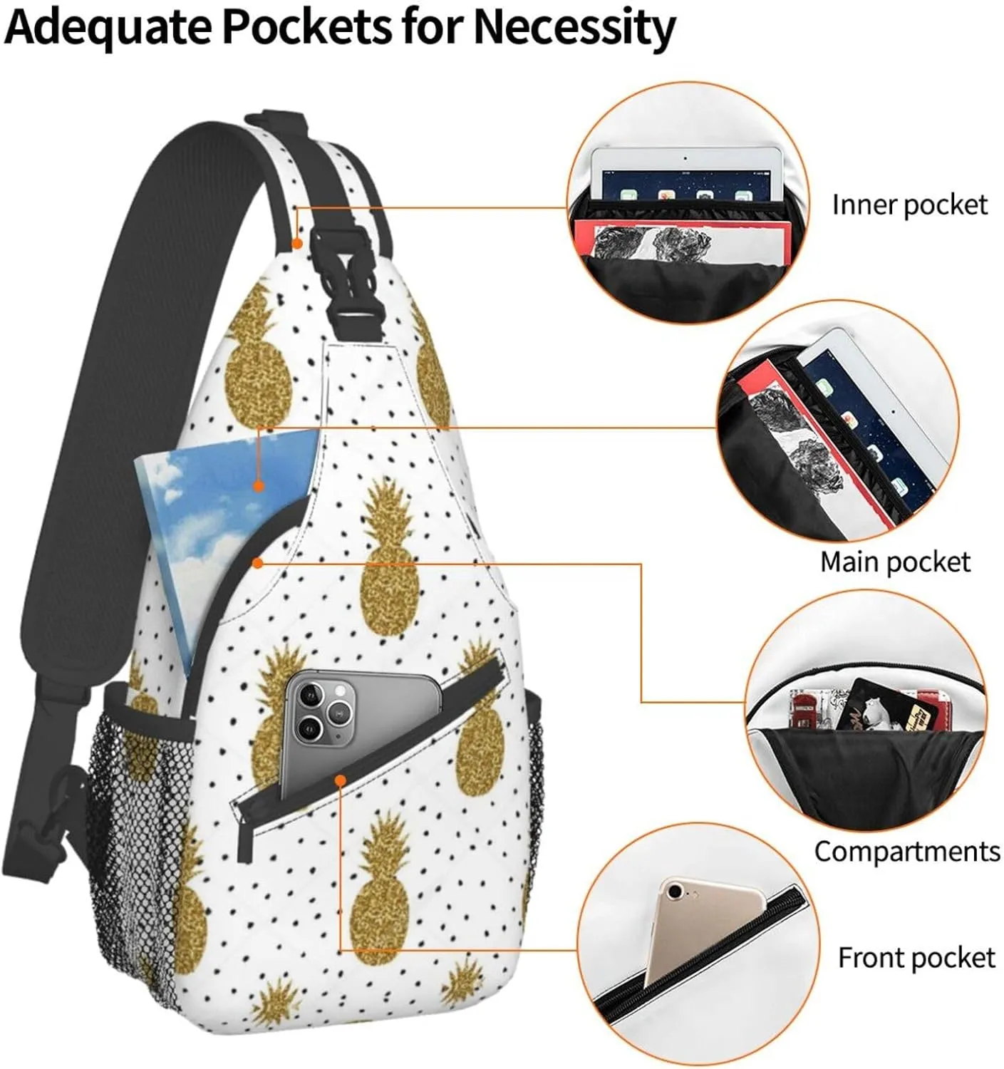 WURTON Gold Glitter Pineapples Fruit Print Crossbody Backpack Shoulder Bag Cross Chest Bag For Travel, Hiking Gym Tactical Use