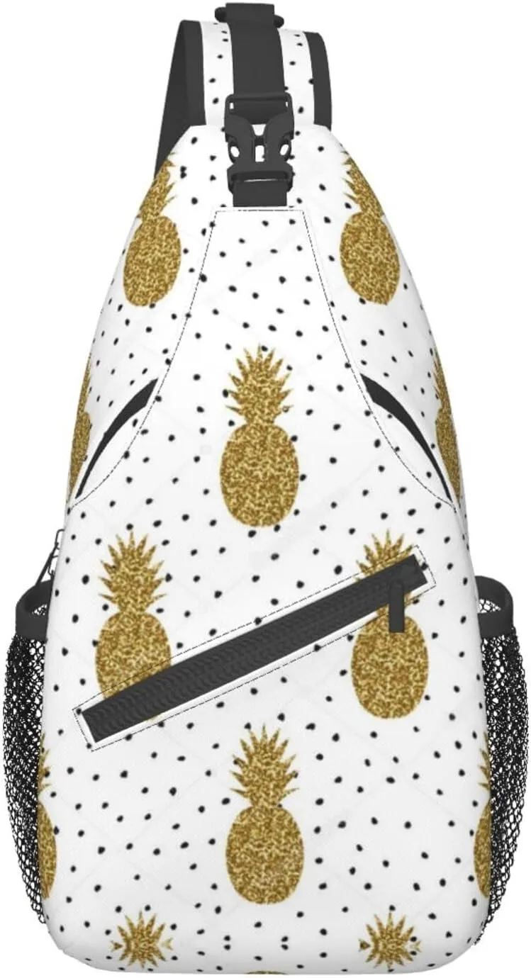 WURTON Gold Glitter Pineapples Fruit Print Crossbody Backpack Shoulder Bag Cross Chest Bag For Travel, Hiking Gym Tactical Use