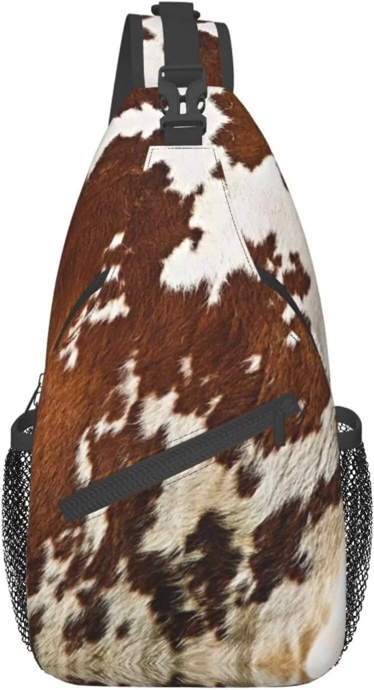 WURTON Red And White Cowhide Print Crossbody Backpack Shoulder Bag Cross Chest Bag For Travel, Hiking Gym Tactical Use