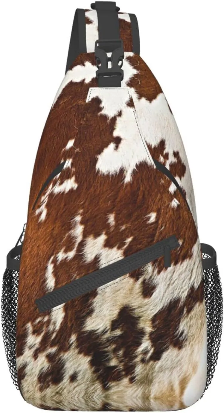 WURTON Red And White Cowhide Print Crossbody Backpack Shoulder Bag Cross Chest Bag For Travel, Hiking Gym Tactical Use