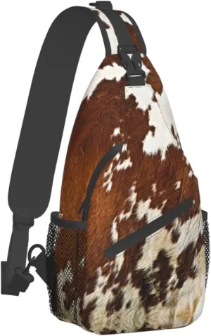 WURTON Red And White Cowhide Print Crossbody Backpack Shoulder Bag Cross Chest Bag For Travel, Hiking Gym Tactical Use