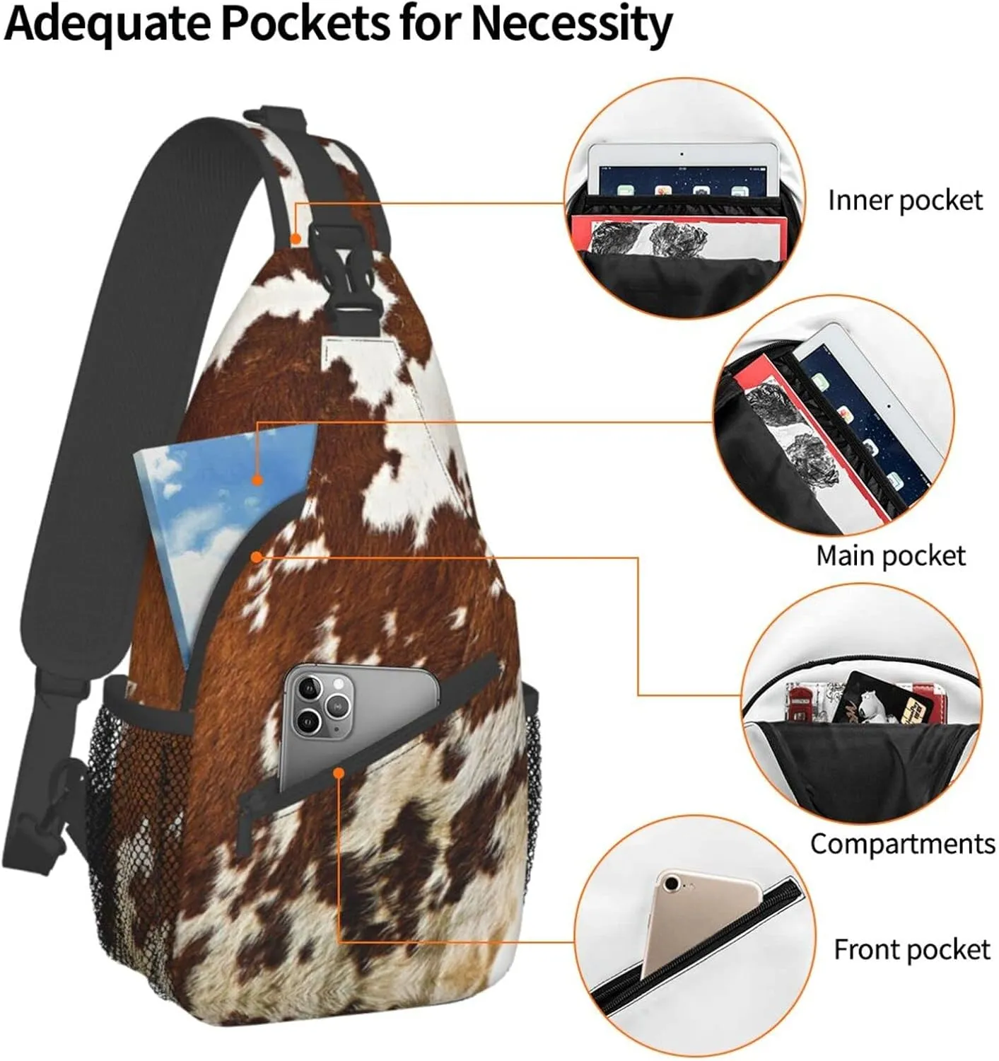 WURTON Red And White Cowhide Print Crossbody Backpack Shoulder Bag Cross Chest Bag For Travel, Hiking Gym Tactical Use