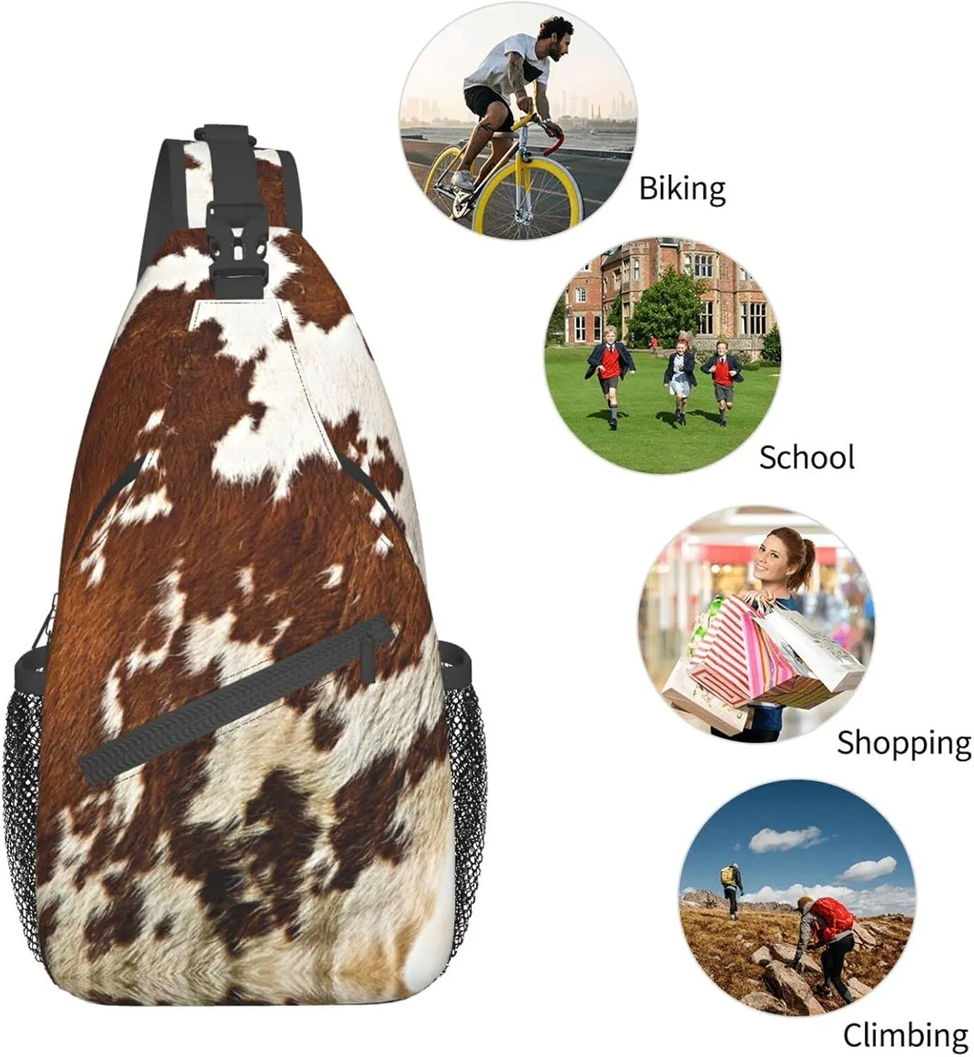 WURTON Red And White Cowhide Print Crossbody Backpack Shoulder Bag Cross Chest Bag For Travel, Hiking Gym Tactical Use