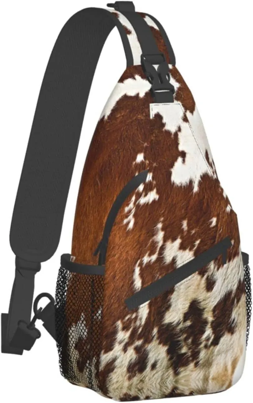 WURTON Red And White Cowhide Print Crossbody Backpack Shoulder Bag Cross Chest Bag For Travel, Hiking Gym Tactical Use