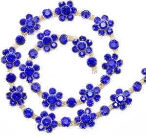 XINMILI 1 Yard Flower Pattern Rhinestone Chain Trim, Inlaid with Colorful Crystal Rhinestone and Golden Brass Base Prong Chain for Sewing Craft,Wedding Decoration (Sapphire)