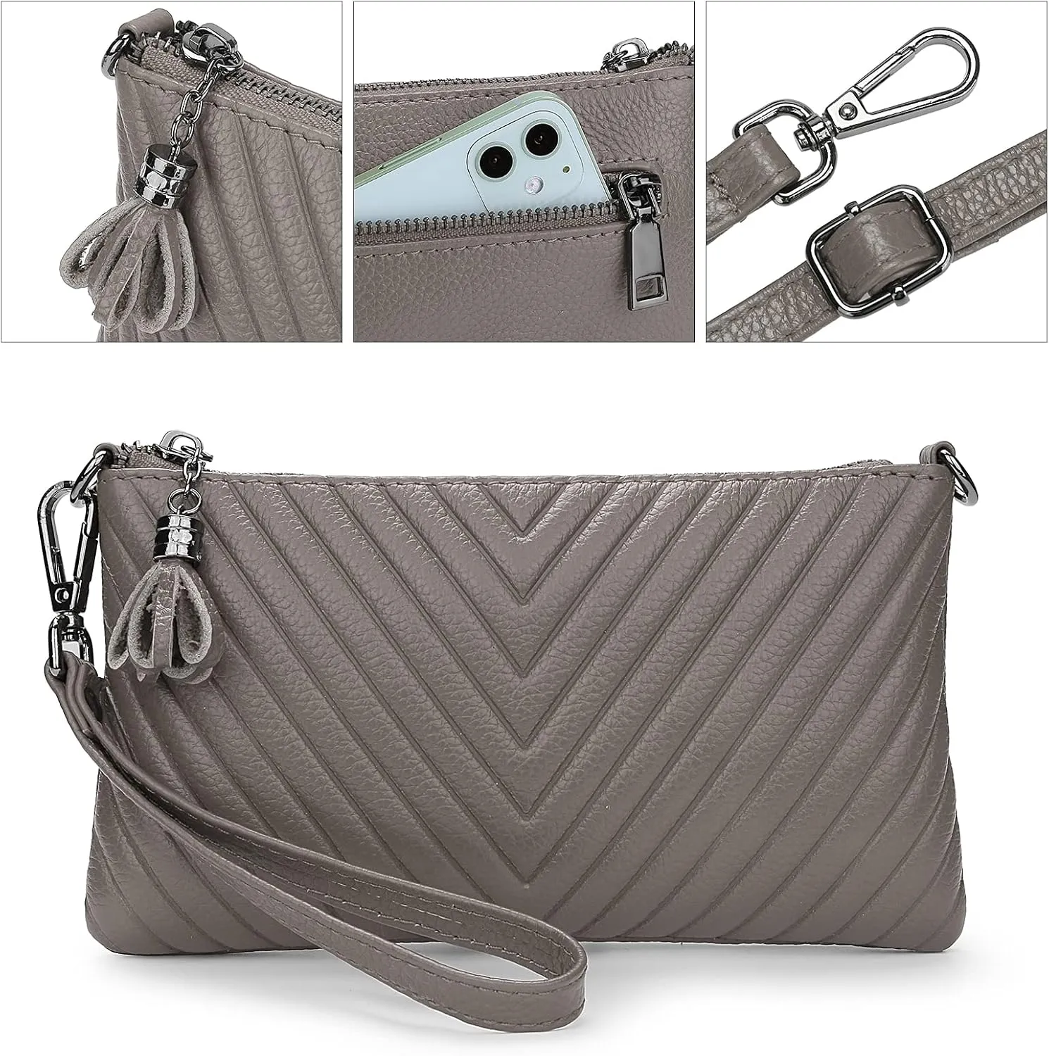 YALUXE Womens Wristlet Real Leather Chevron Tassel Large V Clutch Wallet with Shoulder Strap