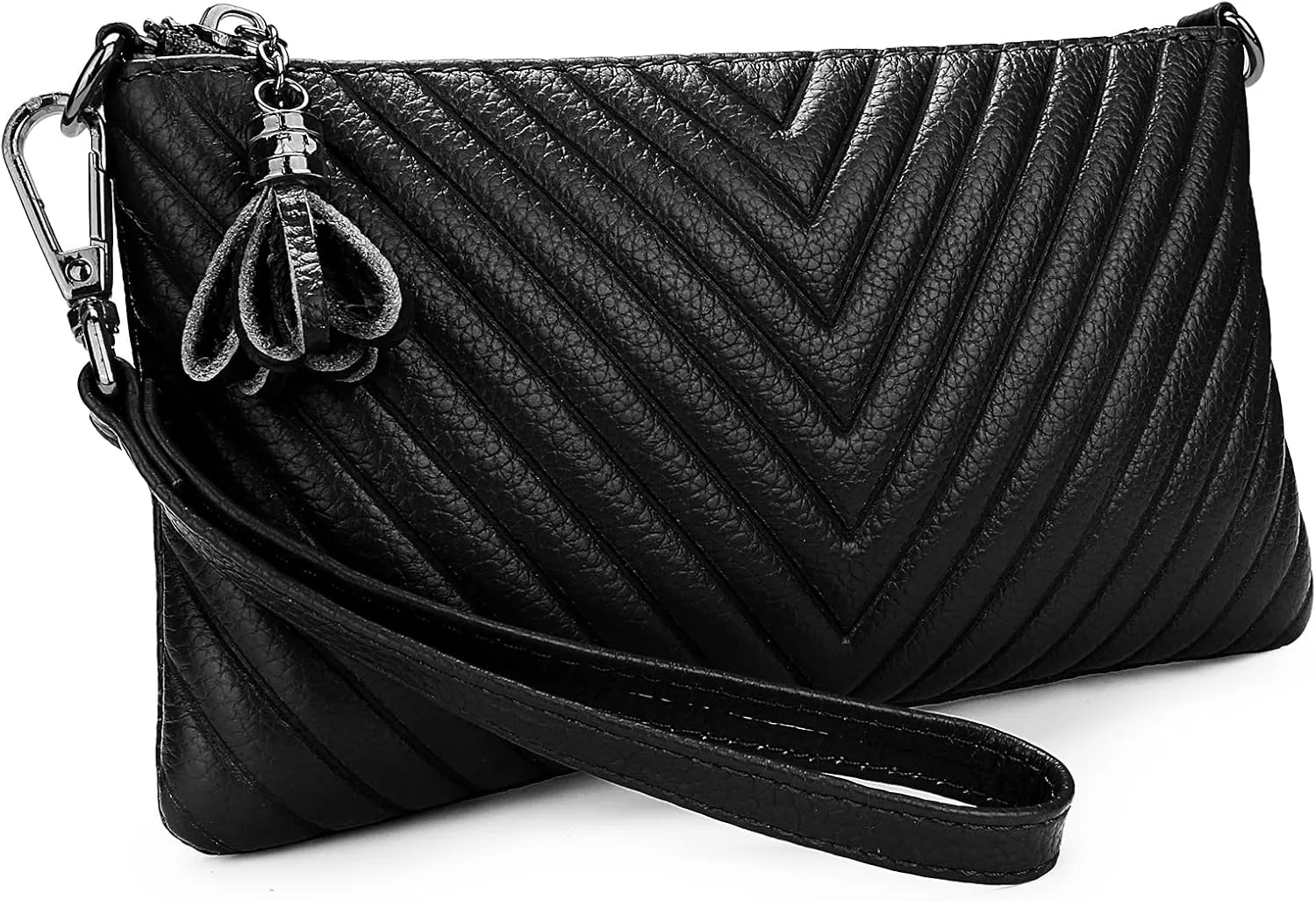 YALUXE Womens Wristlet Real Leather Chevron Tassel Large V Clutch Wallet with Shoulder Strap