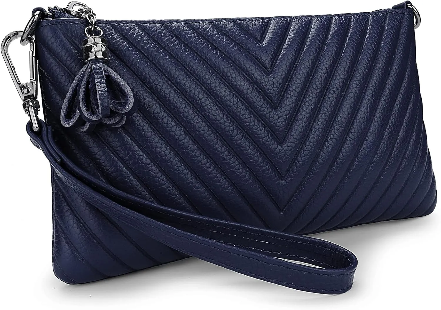 YALUXE Womens Wristlet Real Leather Chevron Tassel Large V Clutch Wallet with Shoulder Strap