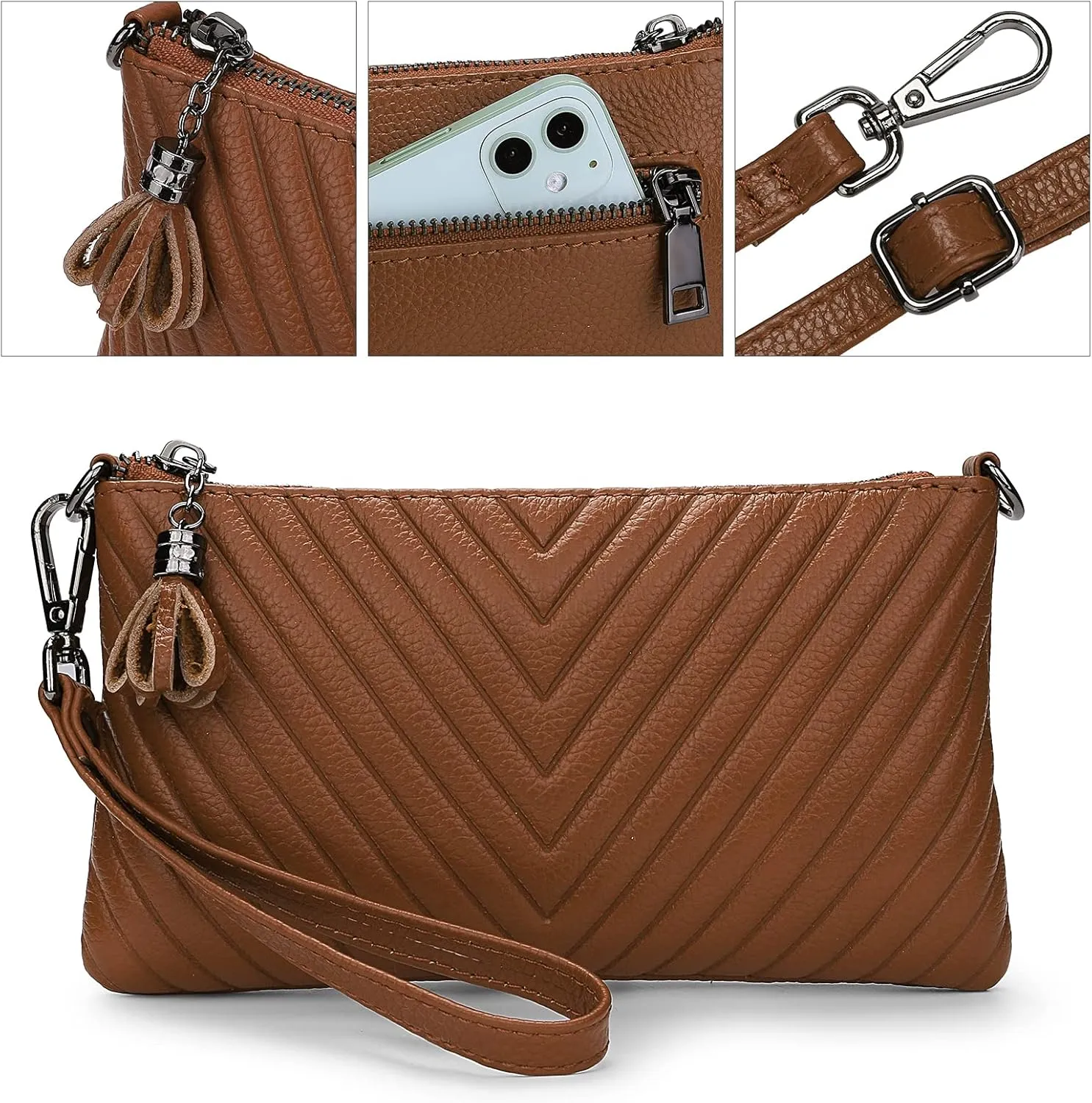 YALUXE Womens Wristlet Real Leather Chevron Tassel Large V Clutch Wallet with Shoulder Strap