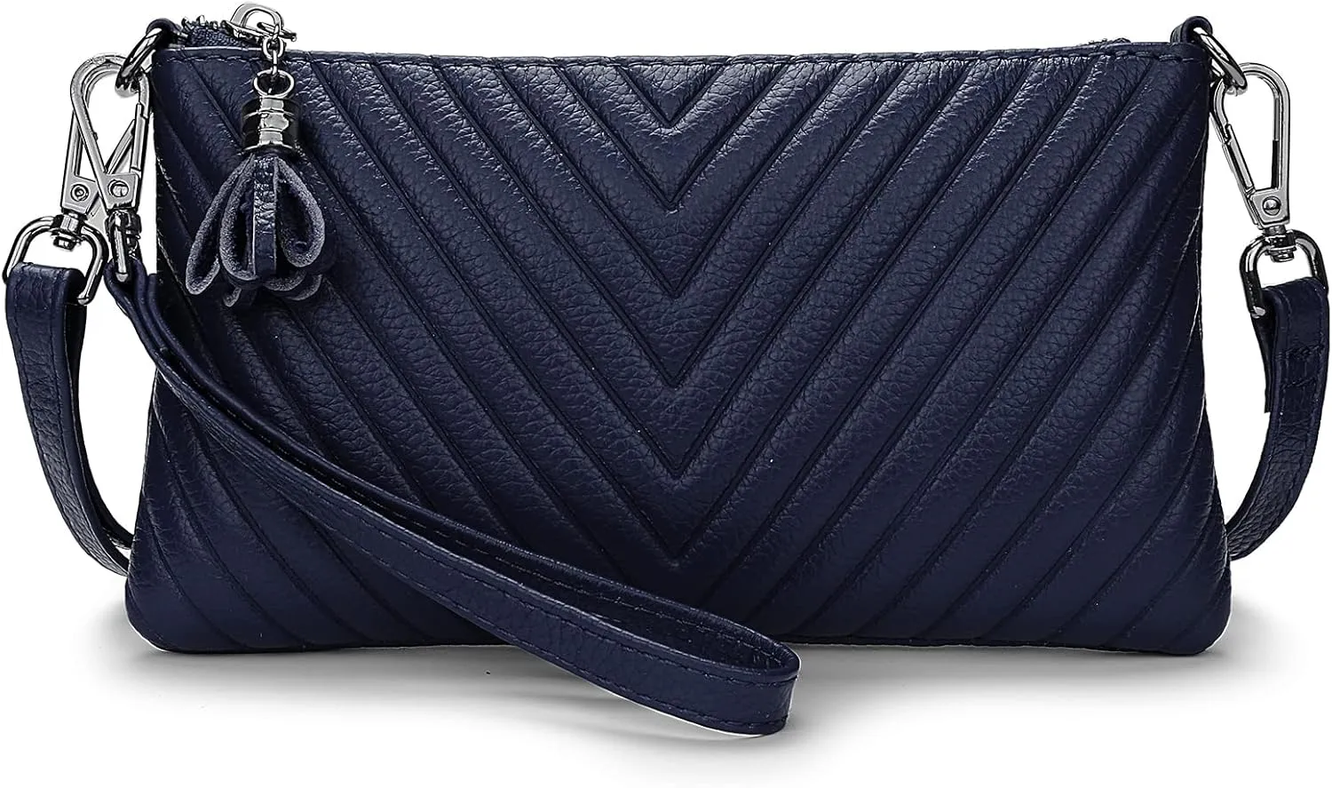 YALUXE Womens Wristlet Real Leather Chevron Tassel Large V Clutch Wallet with Shoulder Strap