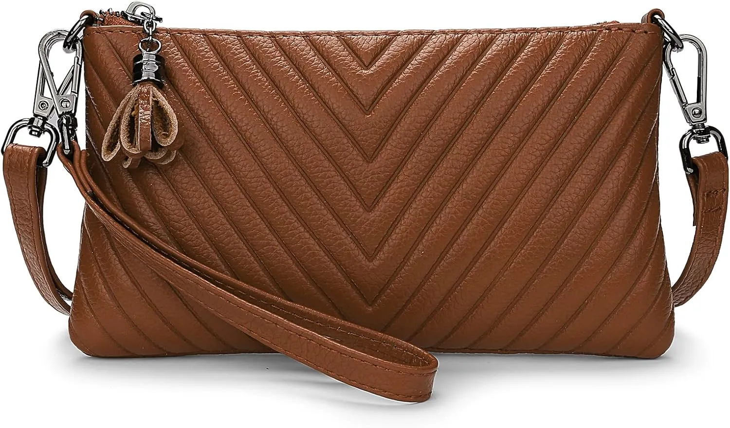 YALUXE Womens Wristlet Real Leather Chevron Tassel Large V Clutch Wallet with Shoulder Strap