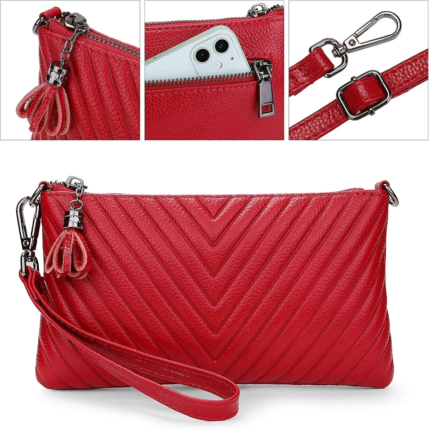 YALUXE Womens Wristlet Real Leather Chevron Tassel Large V Clutch Wallet with Shoulder Strap