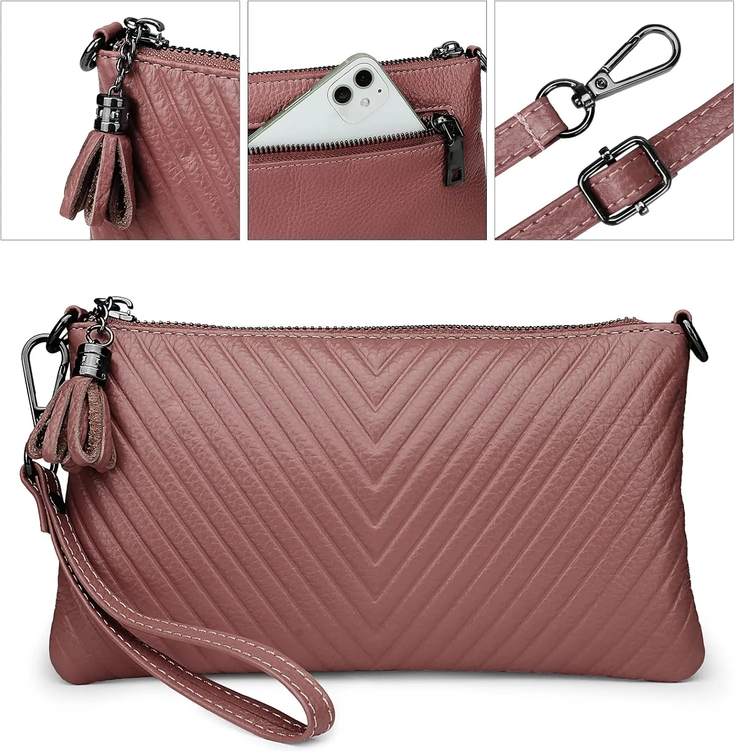 YALUXE Womens Wristlet Real Leather Chevron Tassel Large V Clutch Wallet with Shoulder Strap