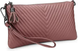 YALUXE Womens Wristlet Real Leather Chevron Tassel Large V Clutch Wallet with Shoulder Strap