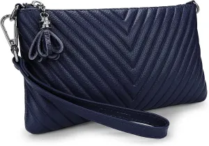 YALUXE Womens Wristlet Real Leather Chevron Tassel Large V Clutch Wallet with Shoulder Strap