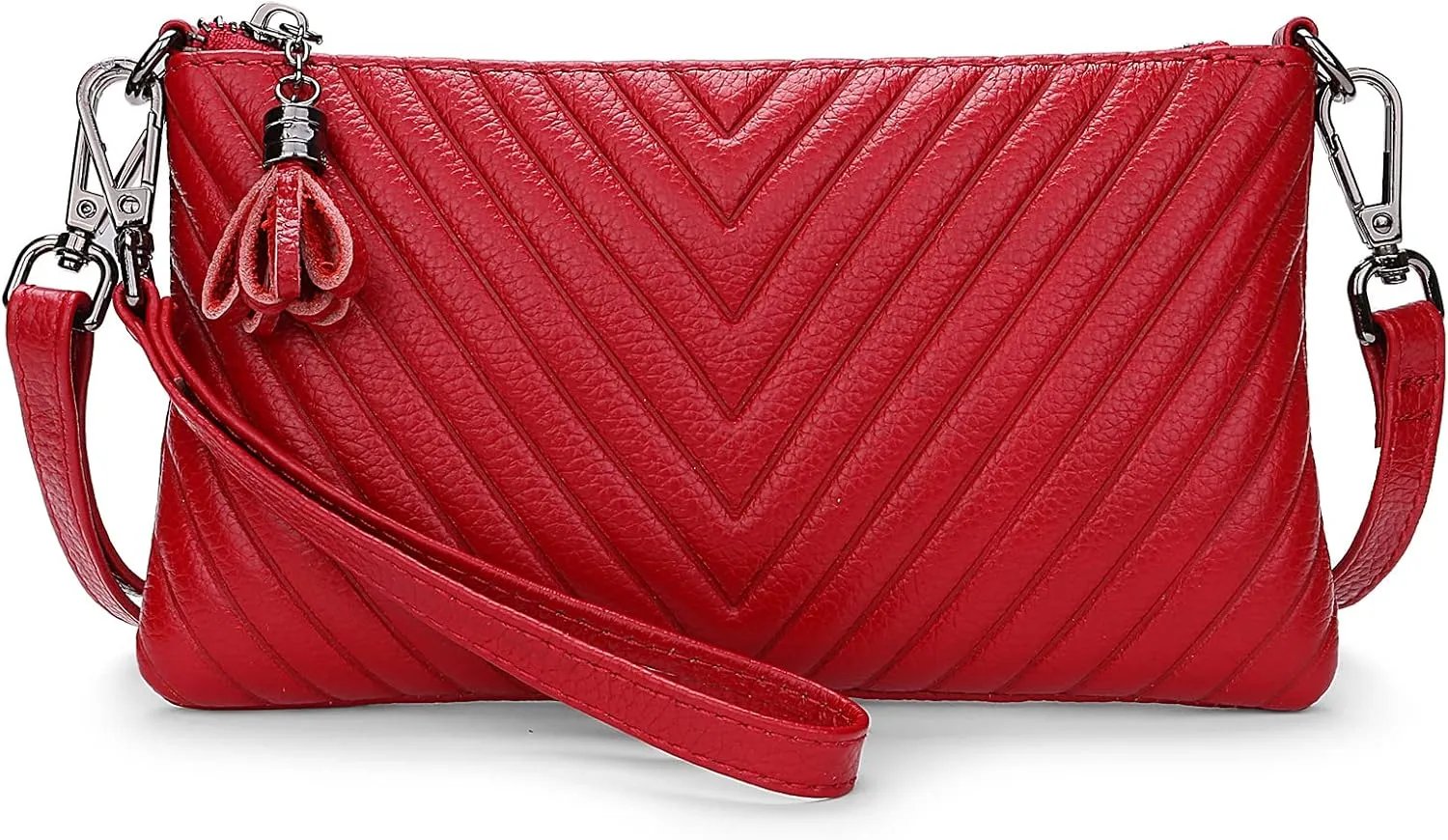 YALUXE Womens Wristlet Real Leather Chevron Tassel Large V Clutch Wallet with Shoulder Strap