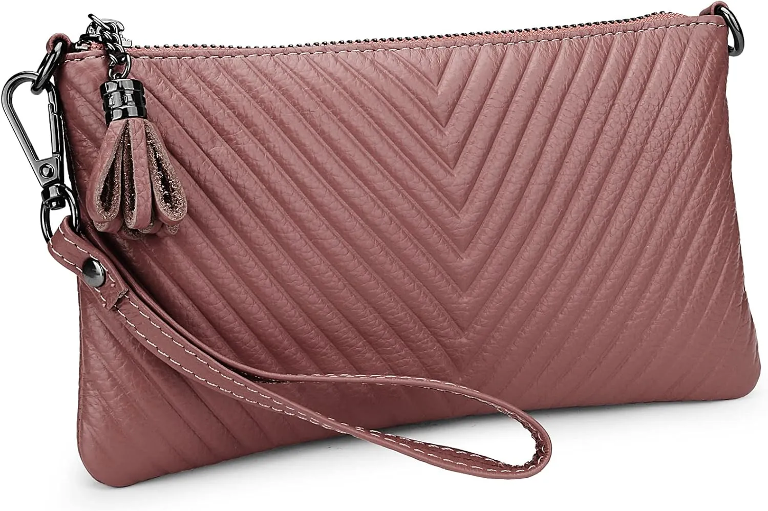 YALUXE Womens Wristlet Real Leather Chevron Tassel Large V Clutch Wallet with Shoulder Strap
