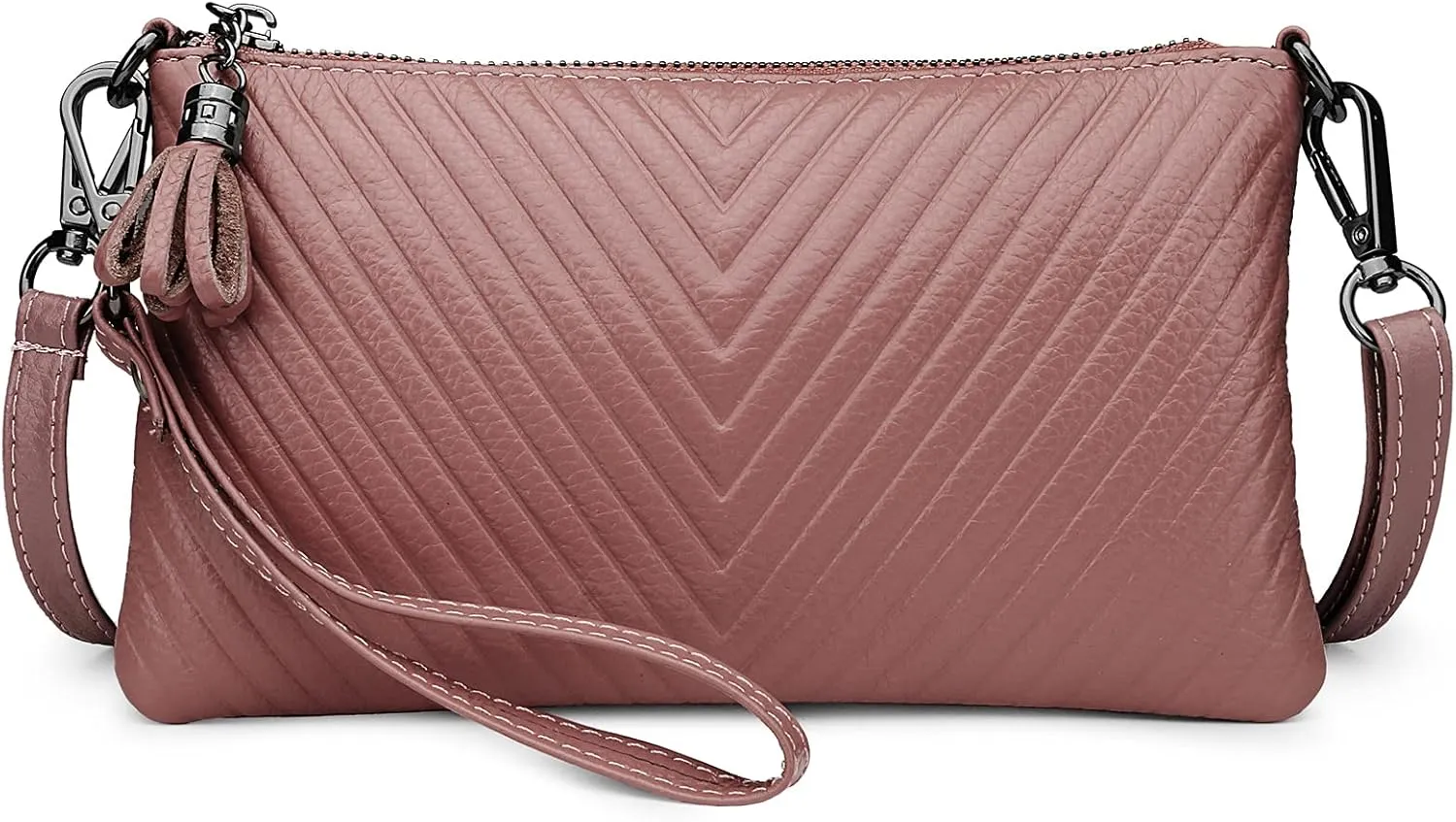 YALUXE Womens Wristlet Real Leather Chevron Tassel Large V Clutch Wallet with Shoulder Strap