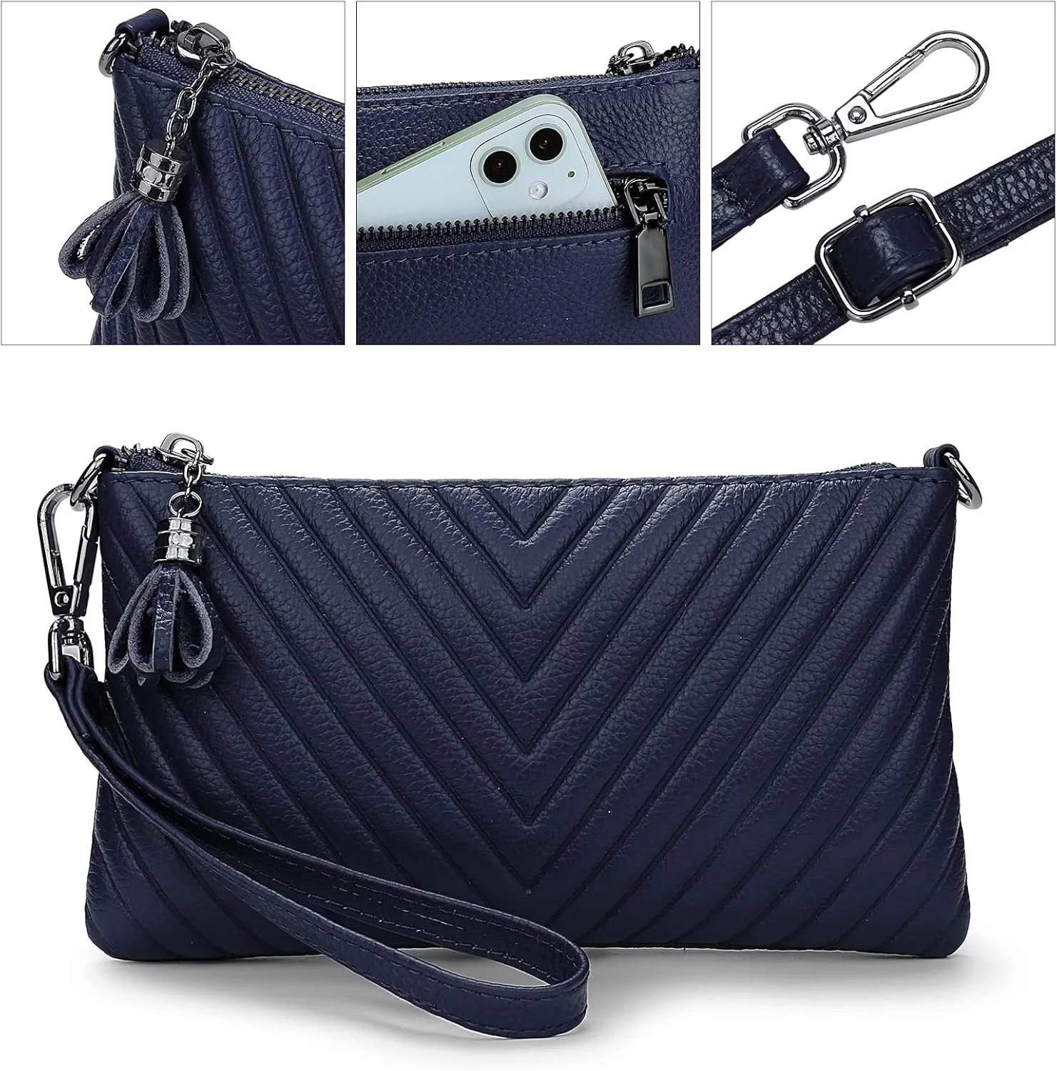 YALUXE Womens Wristlet Real Leather Chevron Tassel Large V Clutch Wallet with Shoulder Strap
