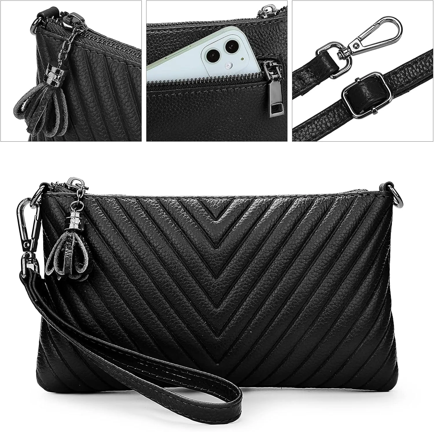 YALUXE Womens Wristlet Real Leather Chevron Tassel Large V Clutch Wallet with Shoulder Strap