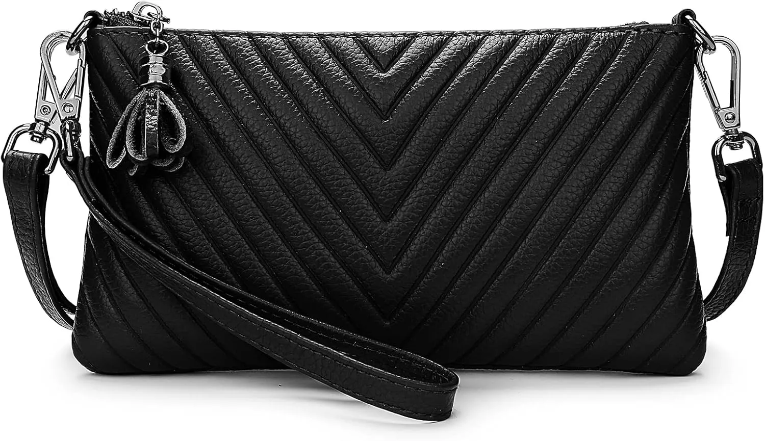 YALUXE Womens Wristlet Real Leather Chevron Tassel Large V Clutch Wallet with Shoulder Strap