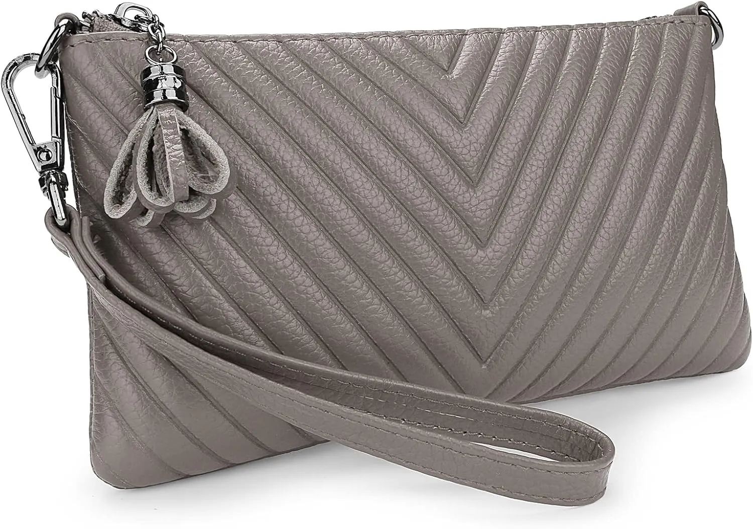 YALUXE Womens Wristlet Real Leather Chevron Tassel Large V Clutch Wallet with Shoulder Strap