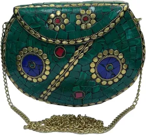 अyashilp Silver Shell Nacre Stone Bag - Ethnic Clutch with Antique Purse Design and Mosaic Metal Purse for Girls/Women