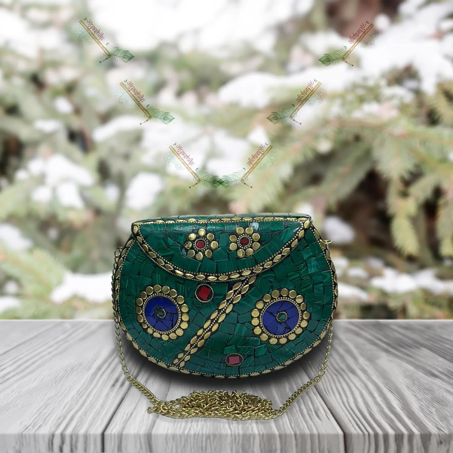 अyashilp Silver Shell Nacre Stone Bag - Ethnic Clutch with Antique Purse Design and Mosaic Metal Purse for Girls/Women