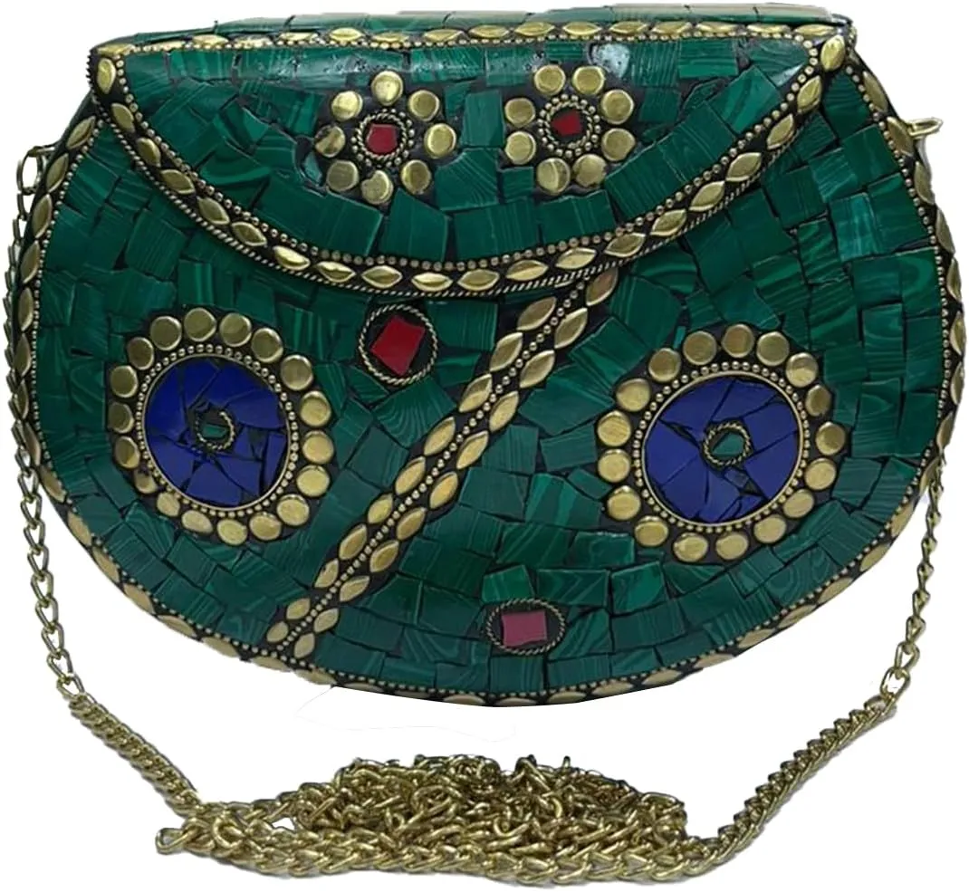 अyashilp Silver Shell Nacre Stone Bag - Ethnic Clutch with Antique Purse Design and Mosaic Metal Purse for Girls/Women