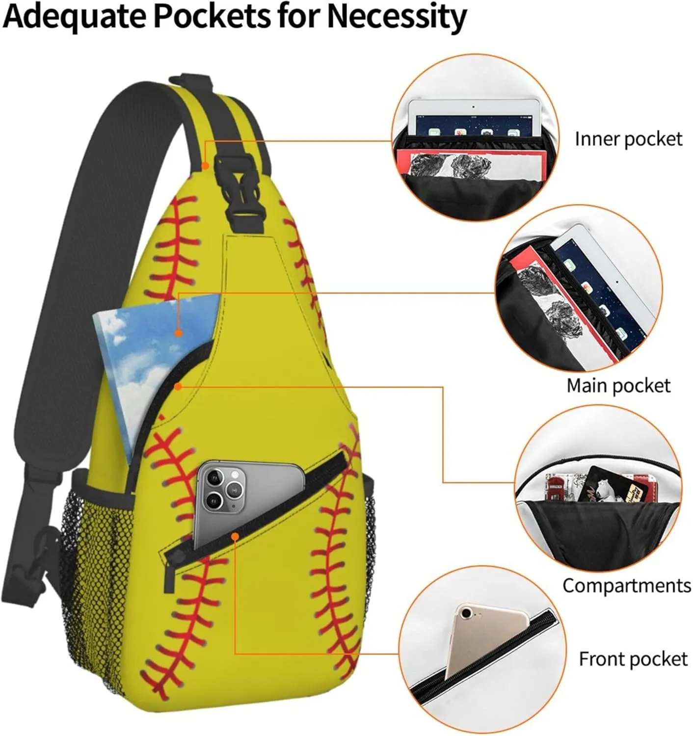 Yellow Baseball Print Sling Backpack Crossbody Bag, Chest Bag Daypack for Outdoors Hiking Traveling