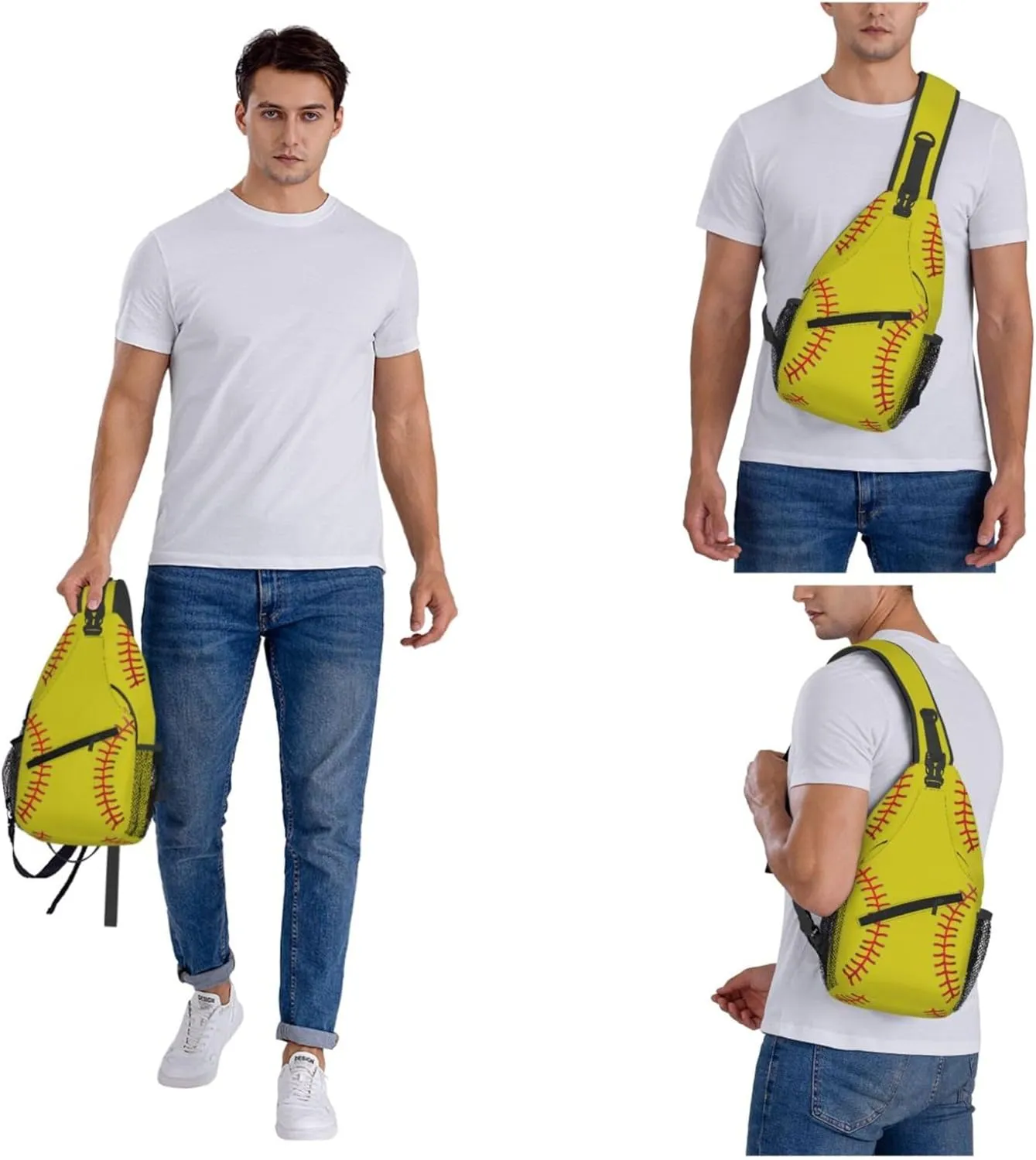 Yellow Baseball Print Sling Backpack Crossbody Bag, Chest Bag Daypack for Outdoors Hiking Traveling
