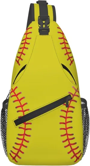 Yellow Baseball Print Sling Backpack Crossbody Bag, Chest Bag Daypack for Outdoors Hiking Traveling