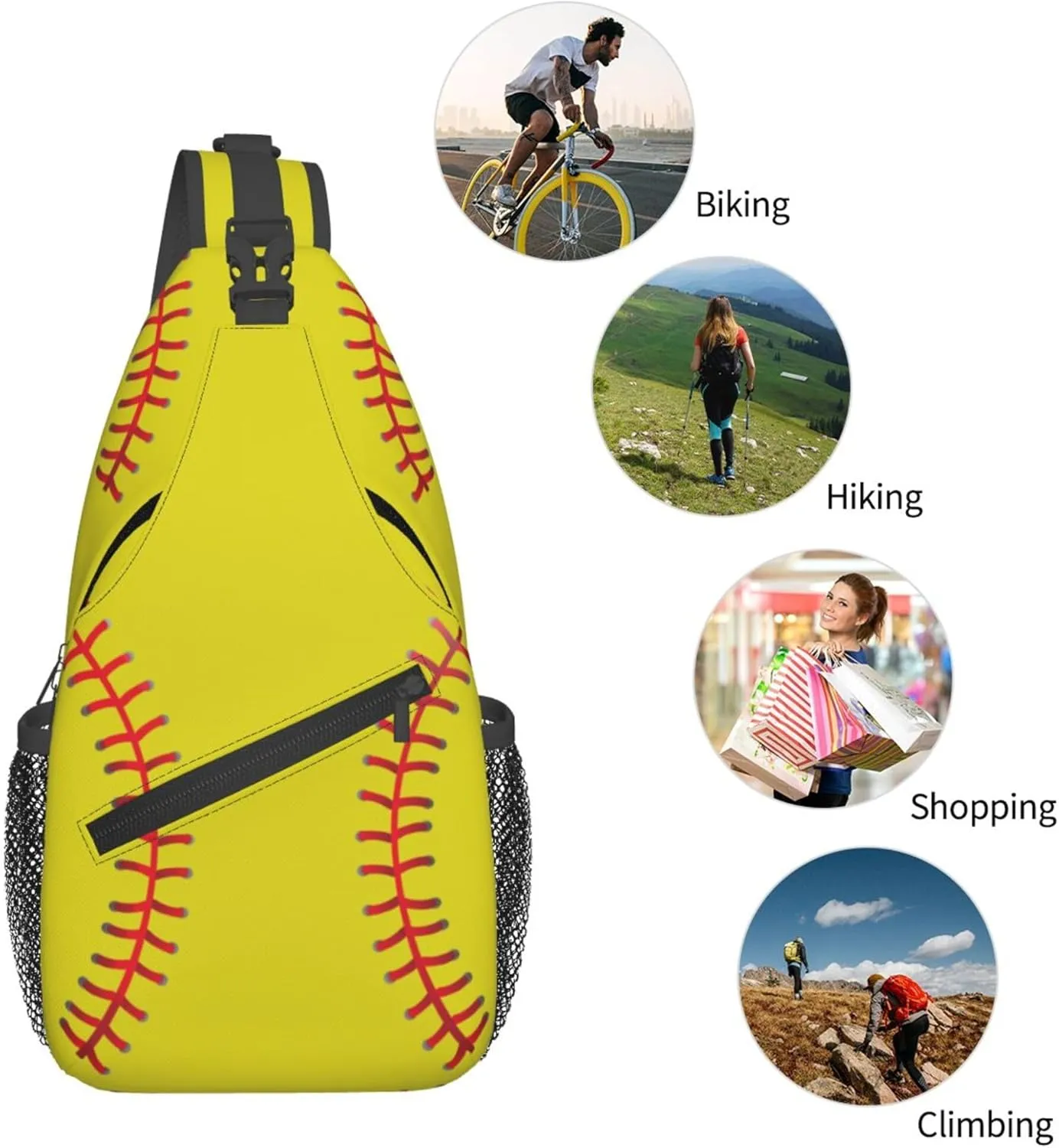 Yellow Baseball Print Sling Backpack Crossbody Bag, Chest Bag Daypack for Outdoors Hiking Traveling
