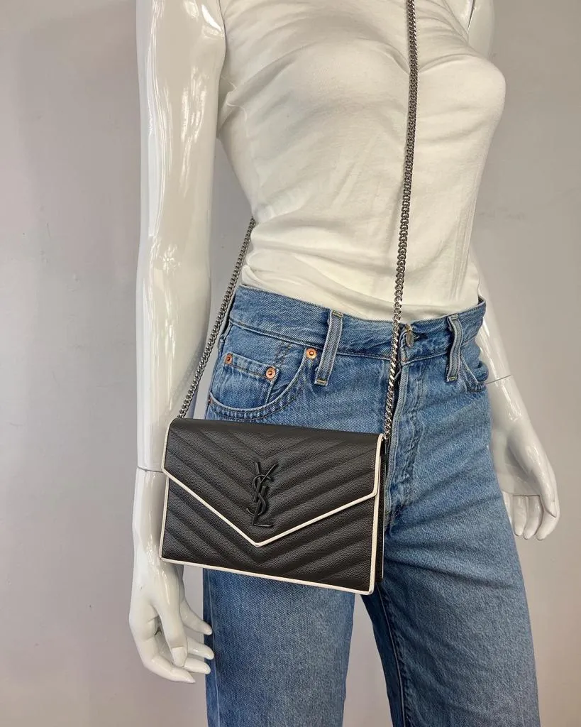 YSL GRAIN DE POUDRE MATELASSE CHEVRON MONOGRAM WALLET ON A CHAIN
